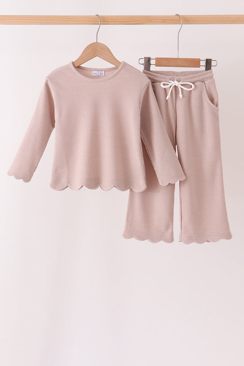 Beige scalloped pants set - Aaria Tees