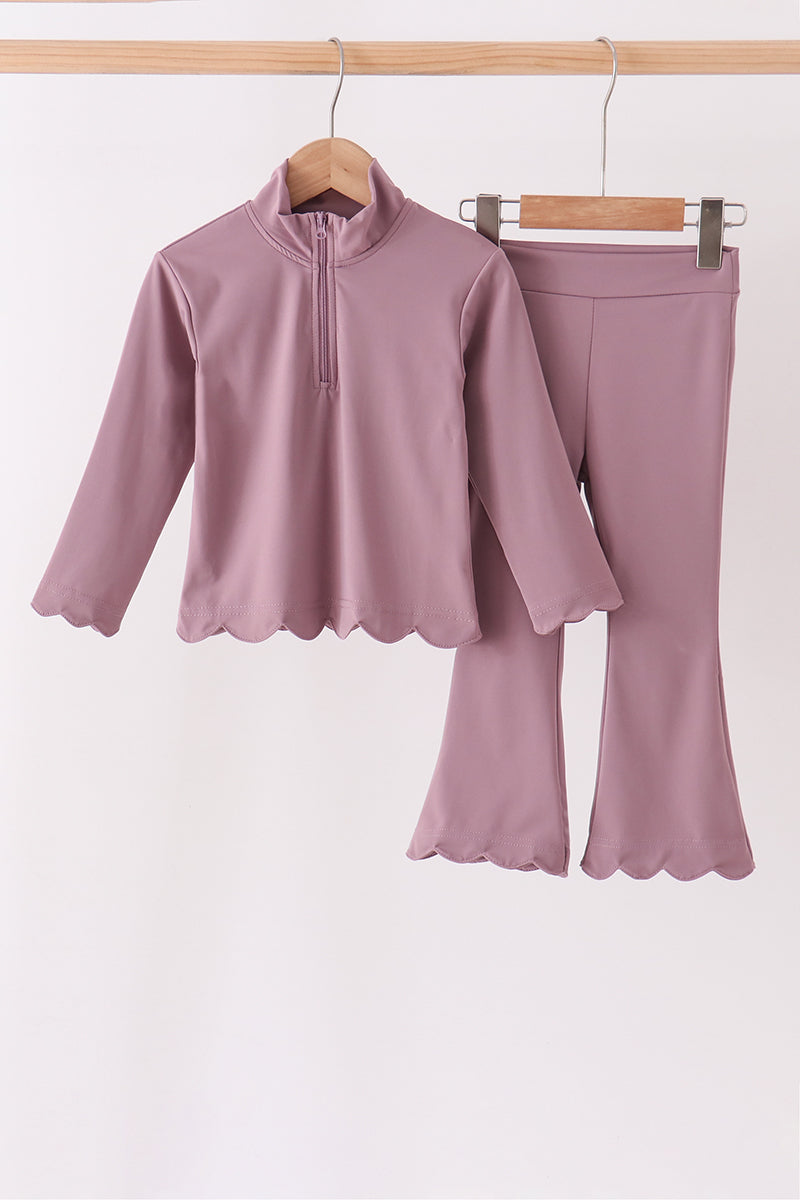 Dusty plum scallped zipper active set - Aaria Tees