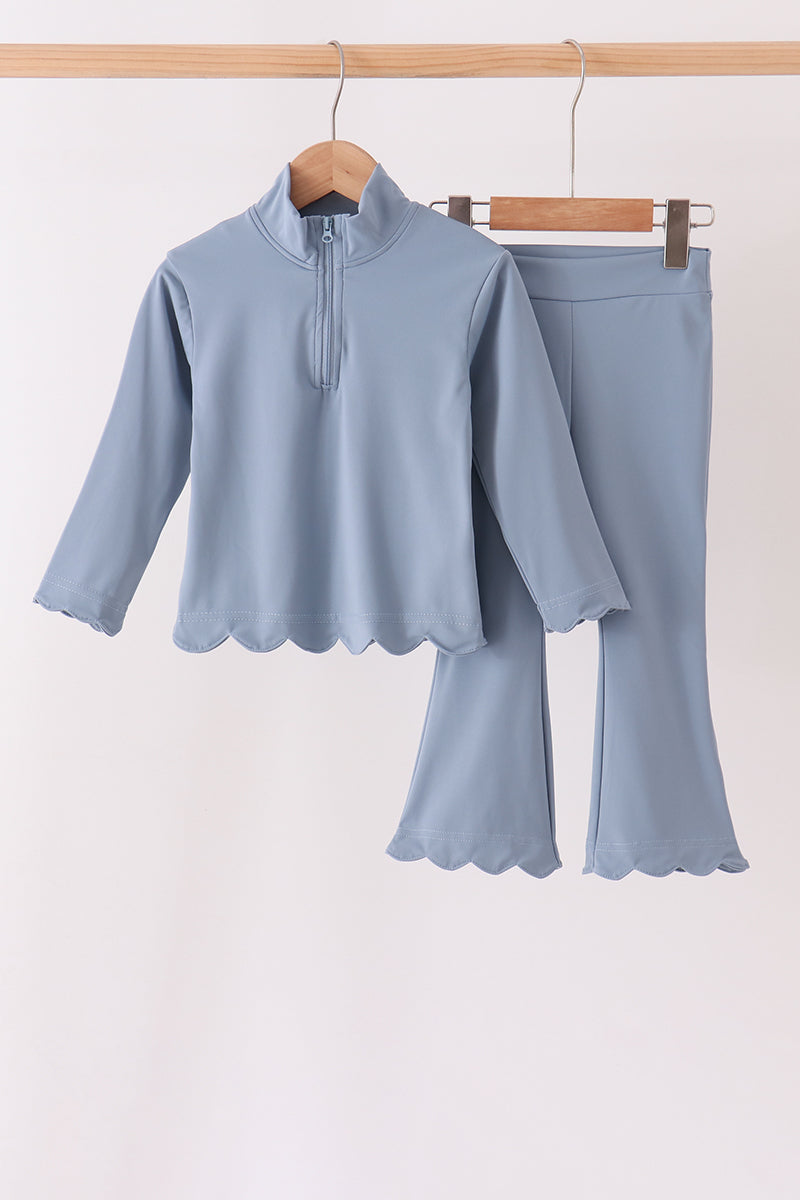 Dusty slate blue scallped zipper active set - Aaria Tees