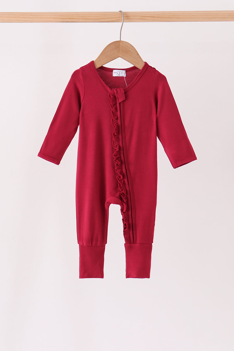 Burgundy ruffle zipper bamboo romper – wholesale for boutiques | Honeydew USA Aaria Tees