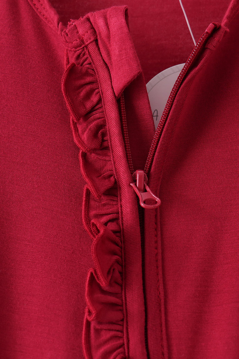 Burgundy ruffle zipper bamboo romper – view 2 Aaria Tees