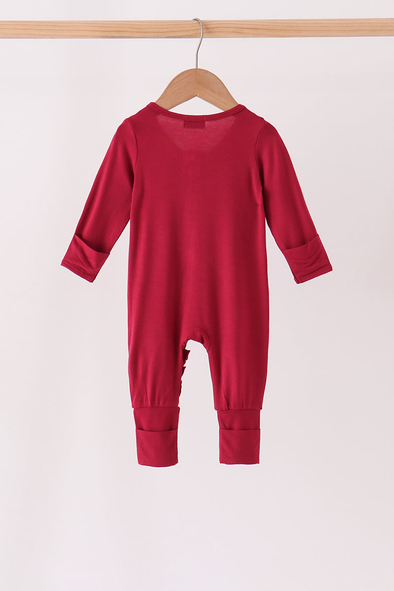 Burgundy ruffle zipper bamboo romper – view 5 Aaria Tees