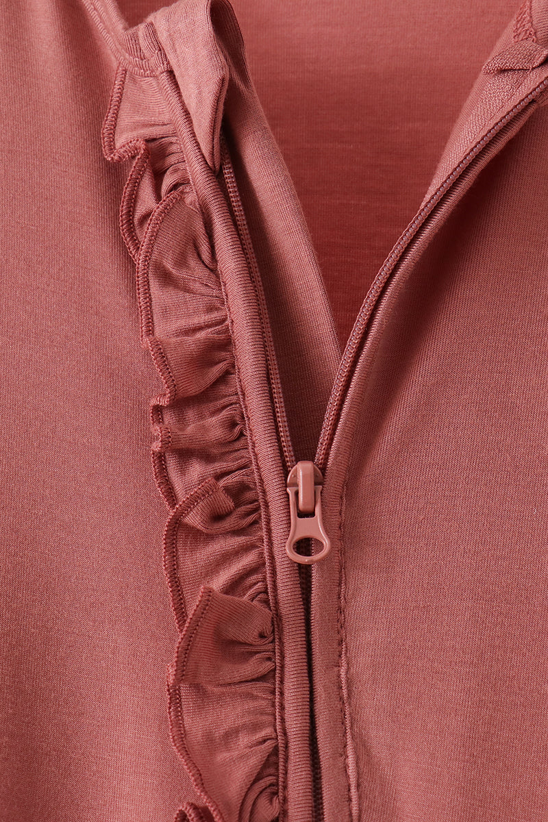 Dusty rose ruffle zipper bamboo anti-slip romper – view 3 Aaria Tees