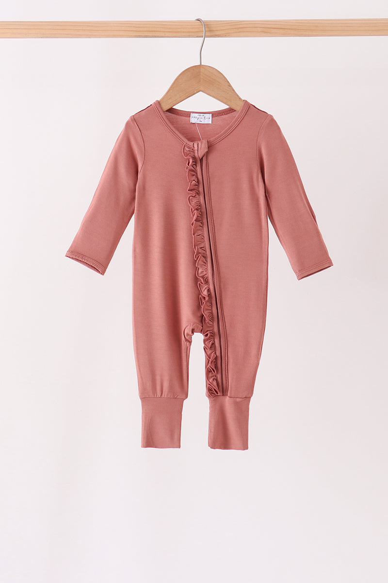 Dusty rose ruffle zipper bamboo romper – wholesale for boutiques | Honeydew USA Aaria Tees