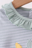 Sage turkey embroidery ruffle stripe romper Aaria Tees