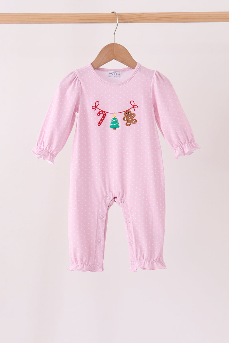 Pink christmas tree gingerbread embroidery romper - Aaria Tees