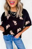 Black Sequined Candy Cane Patched Pattern Holiday T Shirt Aaria Tees