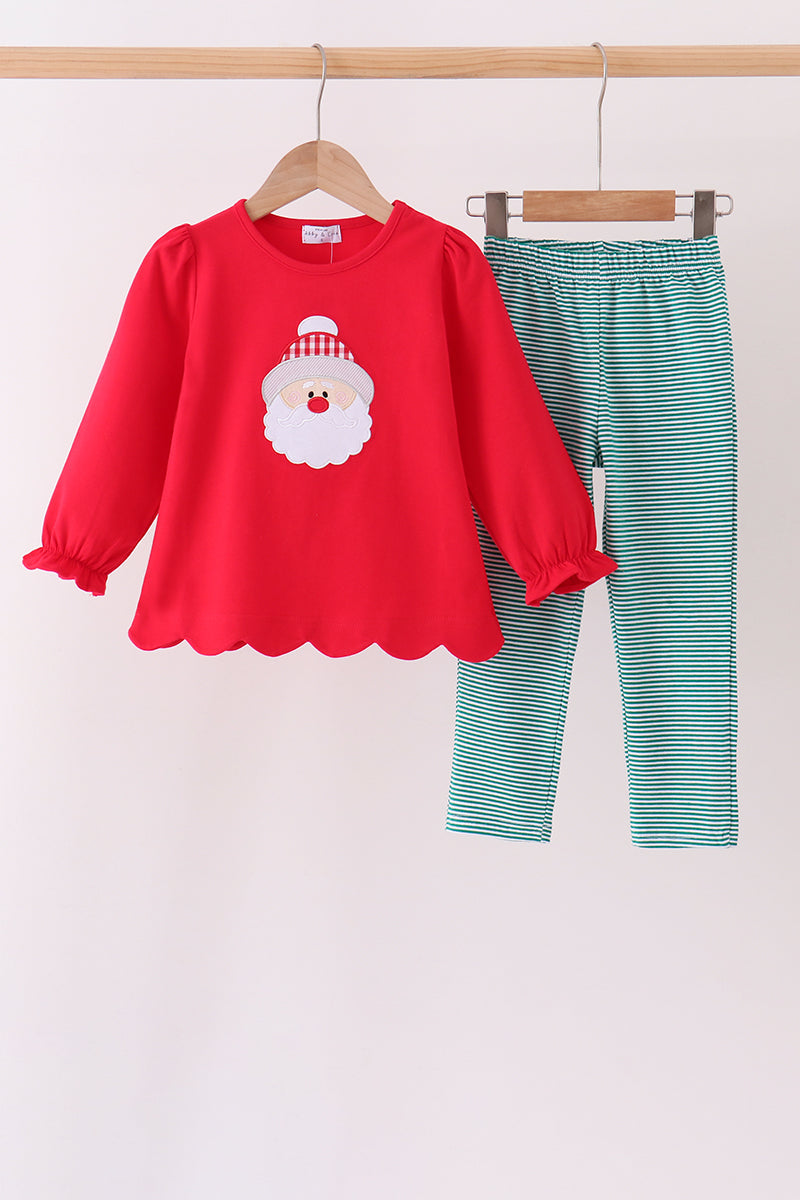 Red christmas santa embroidery scalloped pants set - Aaria Tees