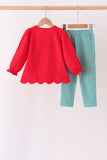 Red christmas santa embroidery scalloped pants set - Aaria Tees Aaria Tees