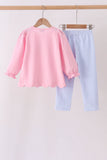 Pink turkey embroidery scalloped pants set - Aaria Tees Aaria Tees
