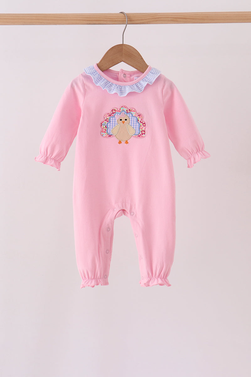 Pink turkey embroidery ruffle romper - Aaria Tees Aaria Tees