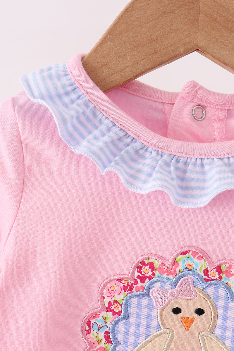 Pink turkey embroidery ruffle romper - Aaria Tees Aaria Tees