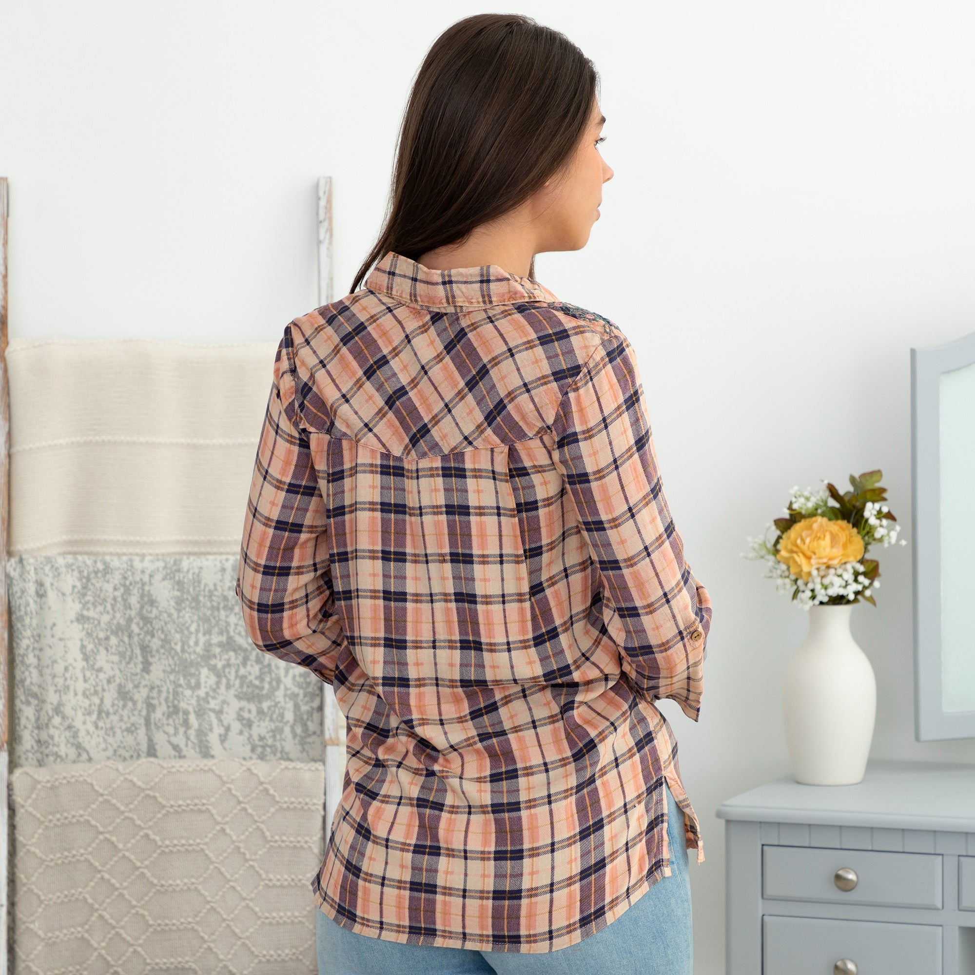 Floral Embroidery Plaid Button Up Shirt - Aaria Tees Aaria Tees