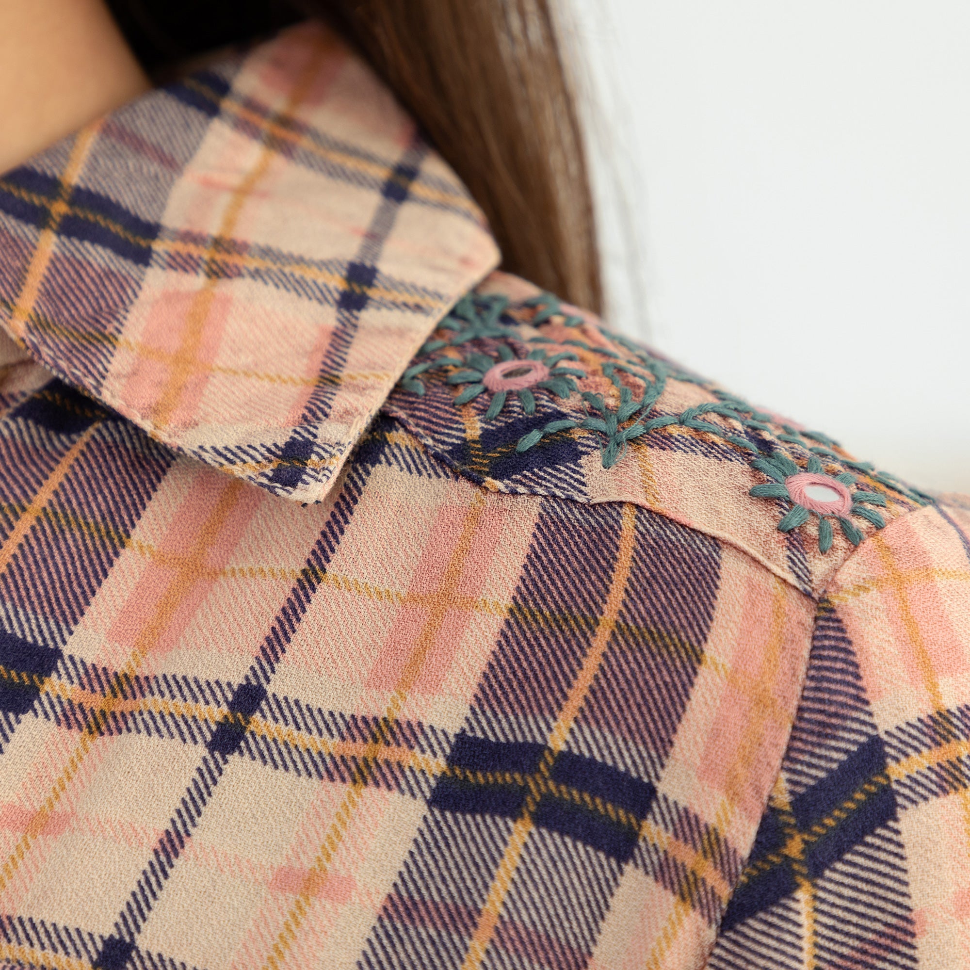 Floral Embroidery Plaid Button Up Shirt - Aaria Tees Aaria Tees