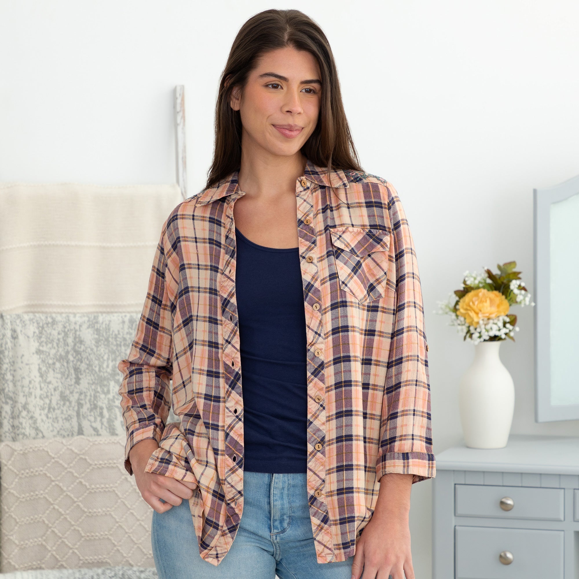 Floral Embroidery Plaid Button Up Shirt - Aaria Tees Aaria Tees
