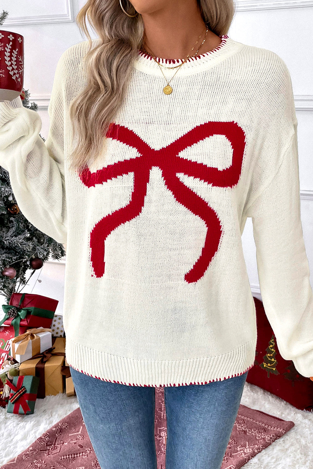 White Bow Pattern Contrast Trim Christmas Loose Graphic Sweater - Aaria Tees Aaria Tees