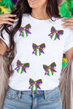 White Sequin Mardi Gras Bow Graphic Crewneck Tee Aaria Tees
