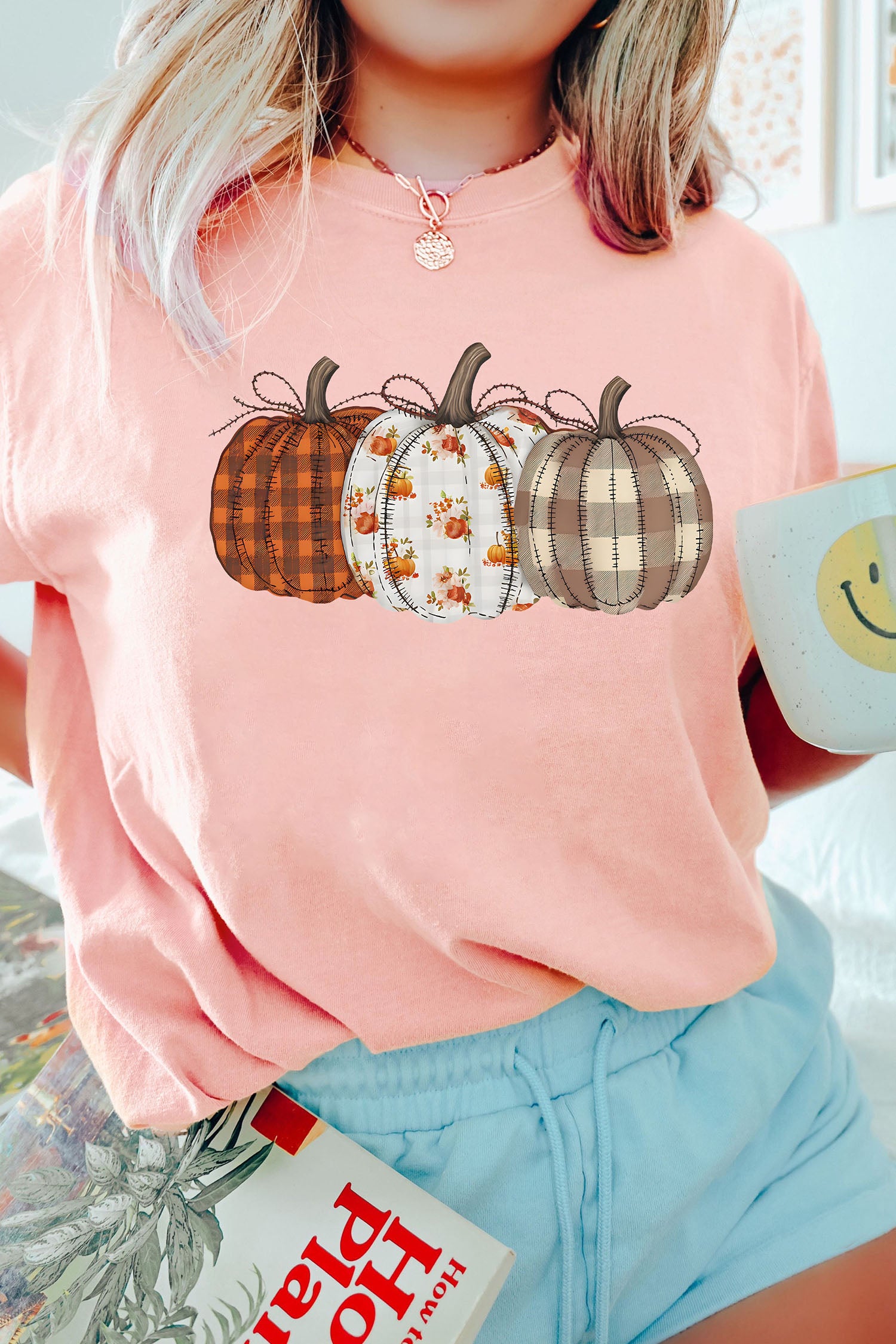 Pink Mix Pattern Pumpkin Print Round Neck T Shirt - Aaria Tees Aaria Tees