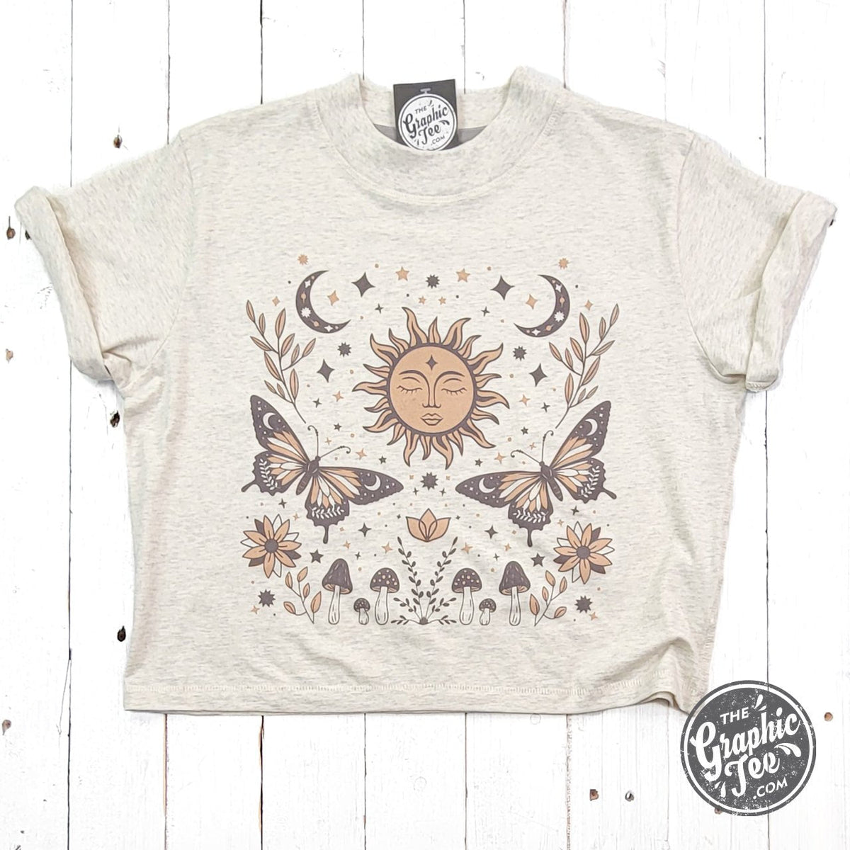 90's Vibes Celestial Mid Length Crop Drop Sleeve Short Sleeve Tee - Aaria Tees
