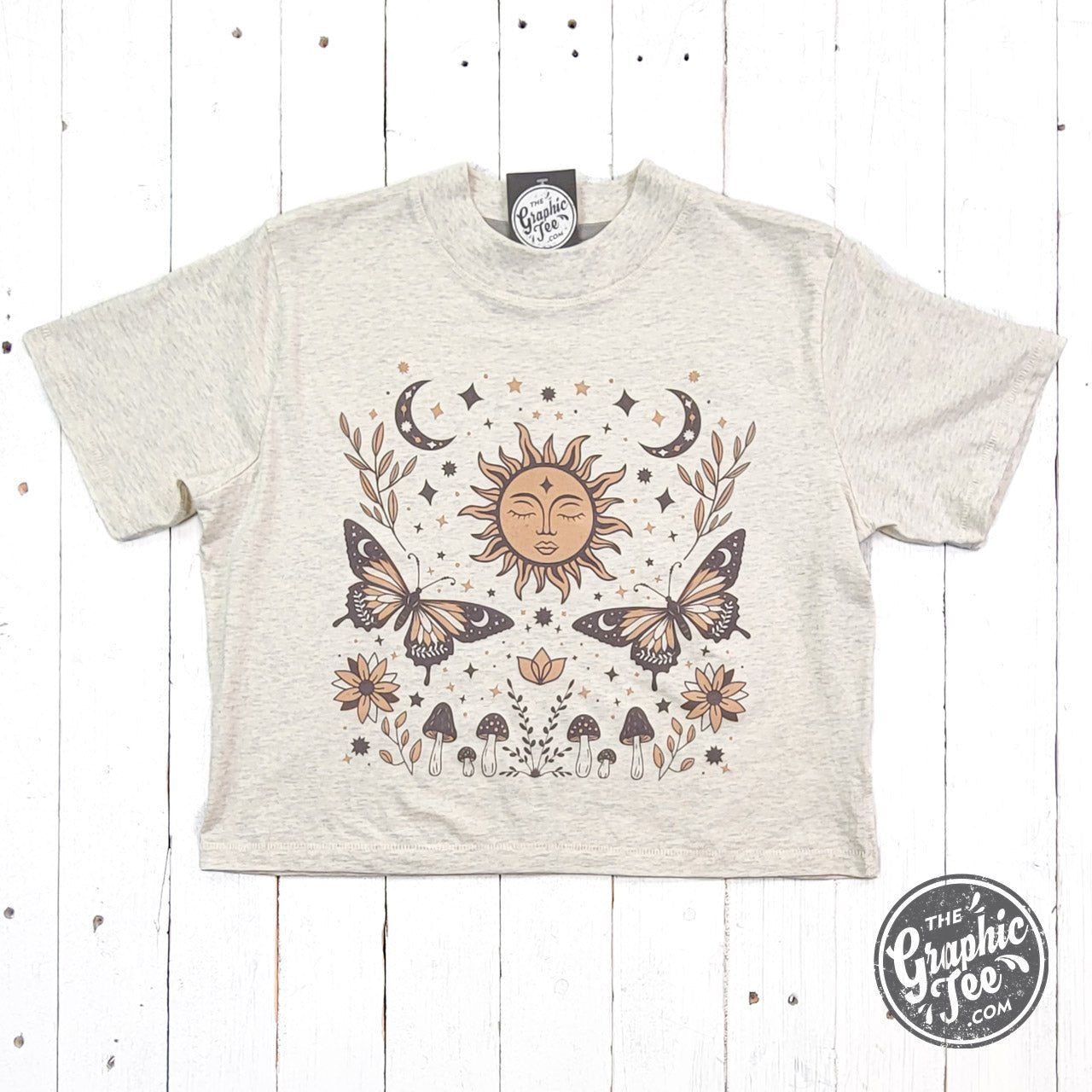 90's Vibes Celestial Mid Length Crop Drop Sleeve Short Sleeve Tee - Aaria Tees Aaria Tees