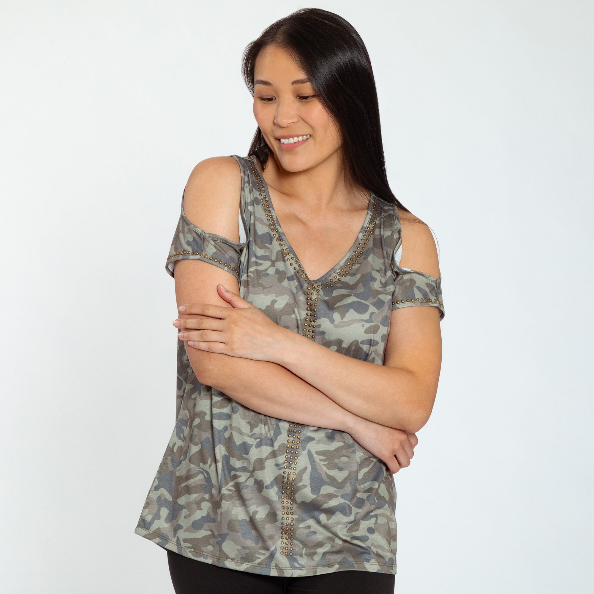 Camo Studded V-Neck Top - Aaria Tees Aaria Tees