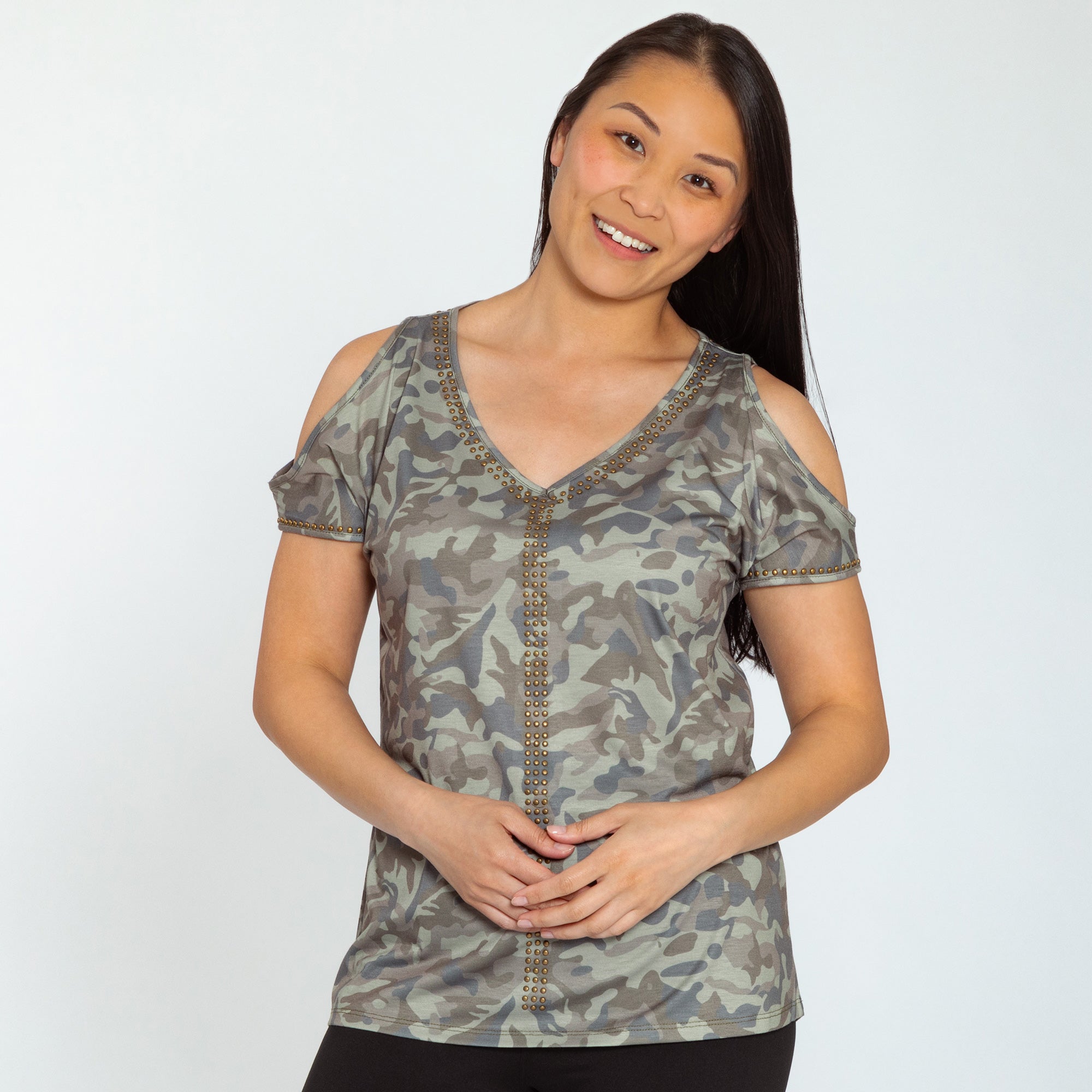 Camo Studded V-Neck Top - Aaria Tees Aaria Tees