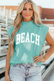 Mint Green High Neck Short Sleeve Beach Graphic Tee Aaria Tees
