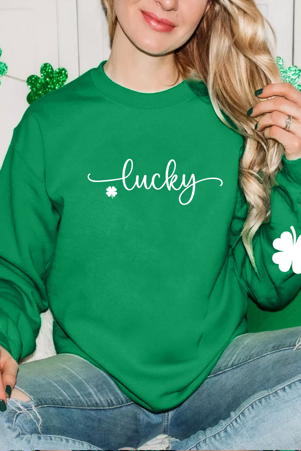 Dark Green Lucky Four Leaf Clover Graphic St Patricks Pullover Sweatshirt - Aaria Tees Aaria Tees
