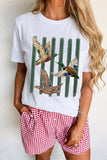 White Western Mallard Stripes Printed Graphic Round Neck Casual Tee Aaria Tees