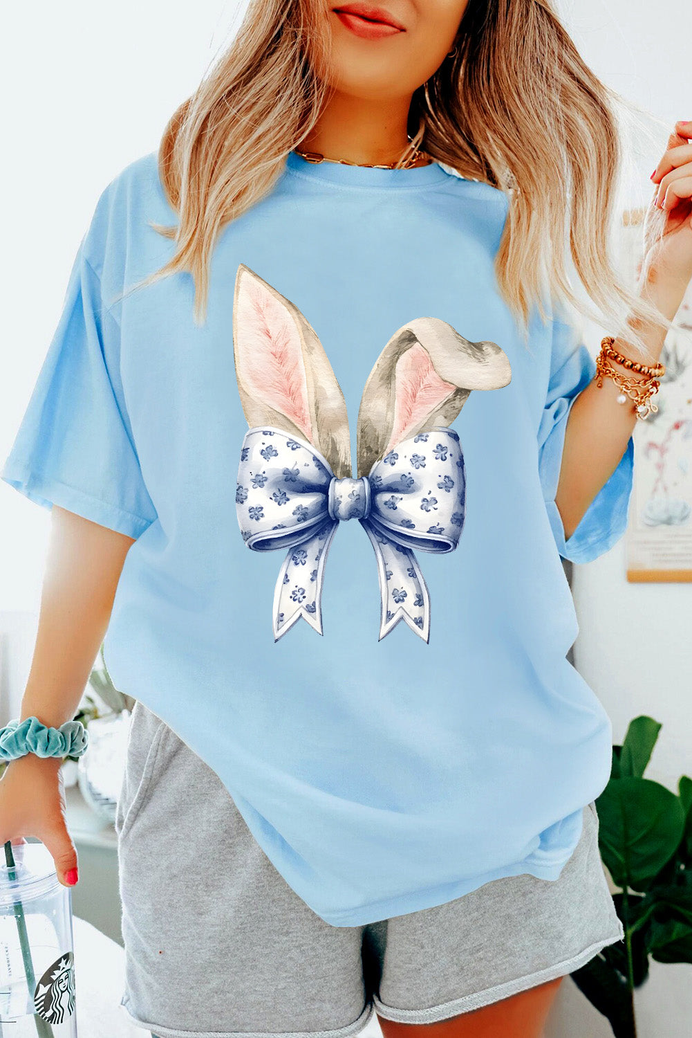 Light Blue Easter Bunny Ears Coquette Bow Graphic Tee - Aaria Tees Aaria Tees