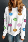 White Colorful Pumpkin Sequin Patched Drop Shoulder Sweatshirt Aaria Tees