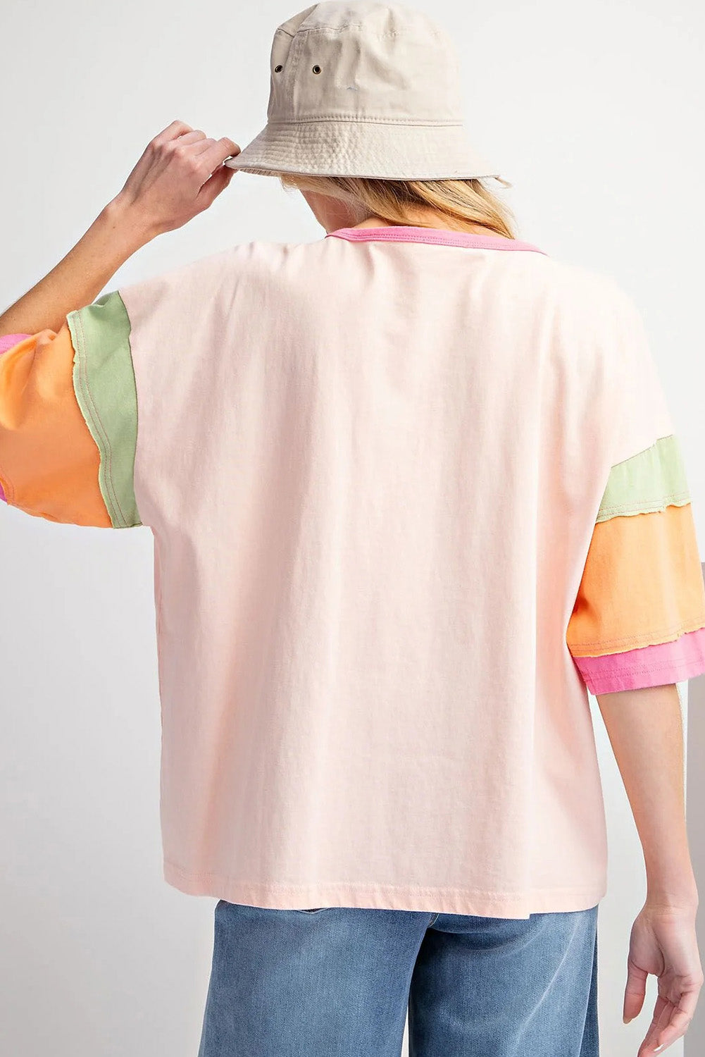 Pink Rugby Chenille Embroidered Color Block Half Sleeve T Shirt - Aaria Tees Aaria Tees