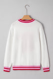 White Striped Trim Bow Graphic Round Neck Drop Shoulder Sweater Aaria Tees