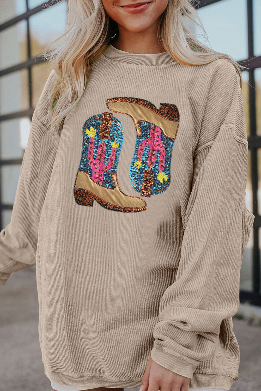 Smoke Gray Western Cowboy Boots Graphic Corded Loose Sweatshirt - Aaria Tees Aaria Tees