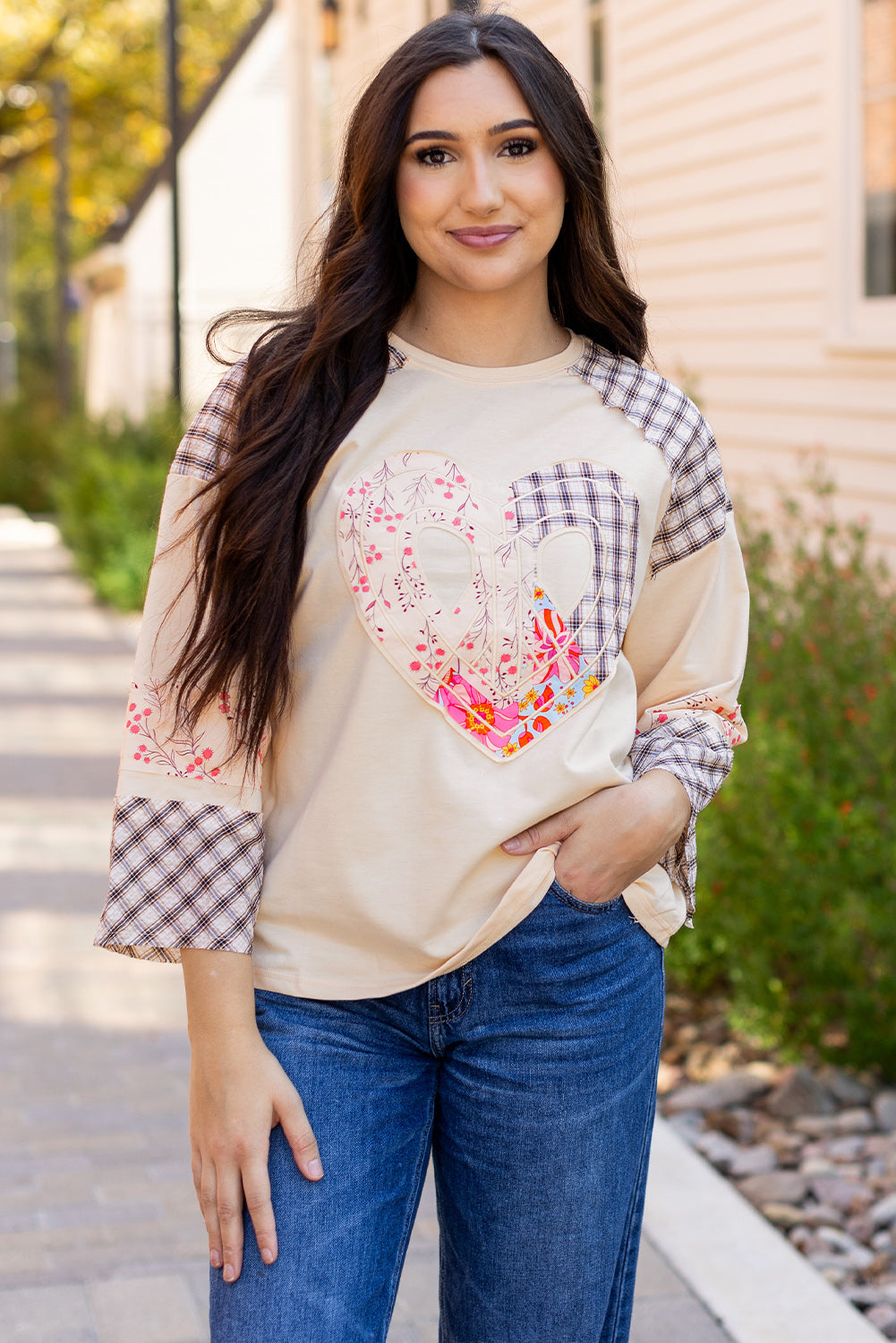 Beige Plaid Floral Peace Heart Graphic Wide Long Sleeve Top - Aaria Tees Aaria Tees