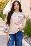 Beige Plaid Floral Peace Heart Graphic Wide Long Sleeve Top - Aaria Tees Aaria Tees