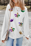 White Sequin Mardi Gras Symbol Crown Mask Patched Corded Sweatshirt - Aaria Tees Aaria Tees