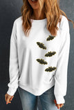 White Sequin Bat Pullover Drop Shoulder Halloween Sweatshirt Aaria Tees