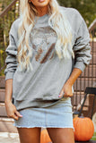Light Grey Rhinestone Skull Graphic Drop Shoulder Sweatshirt - Aaria Tees Aaria Tees