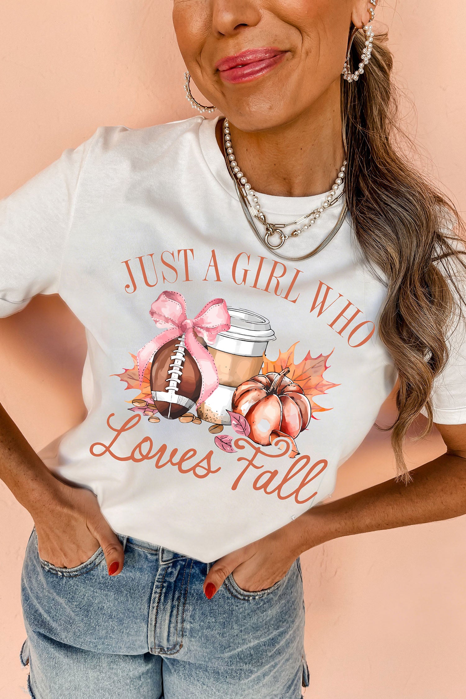 White JUST A GIRL WHO Loves Fall Graphic Casual Tee - Aaria Tees Aaria Tees