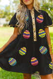 Black Glistening Easter Egg Sequin Trim Half Button Puff Sleeve Dress Aaria Tees