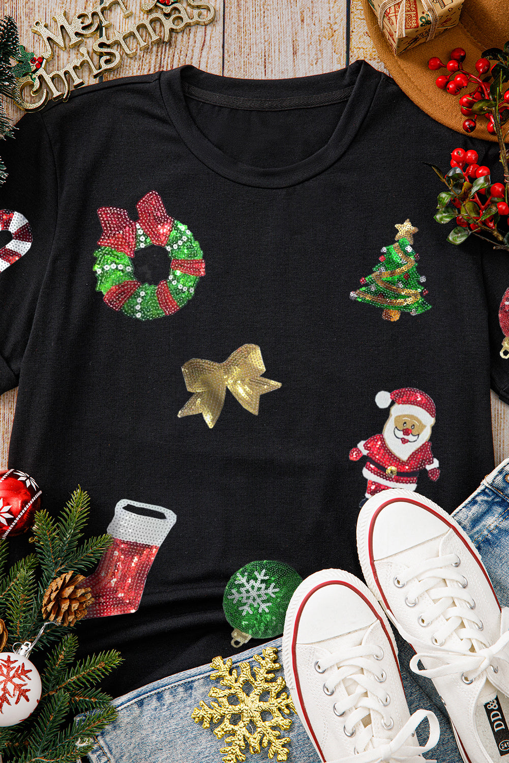 Black Sequin Christmas Essentials Graphic Crewneck T Shirt - Aaria Tees Aaria Tees