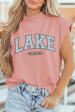 Pink Lake Weekend Graphic High Neck Short Sleeve Top Aaria Tees