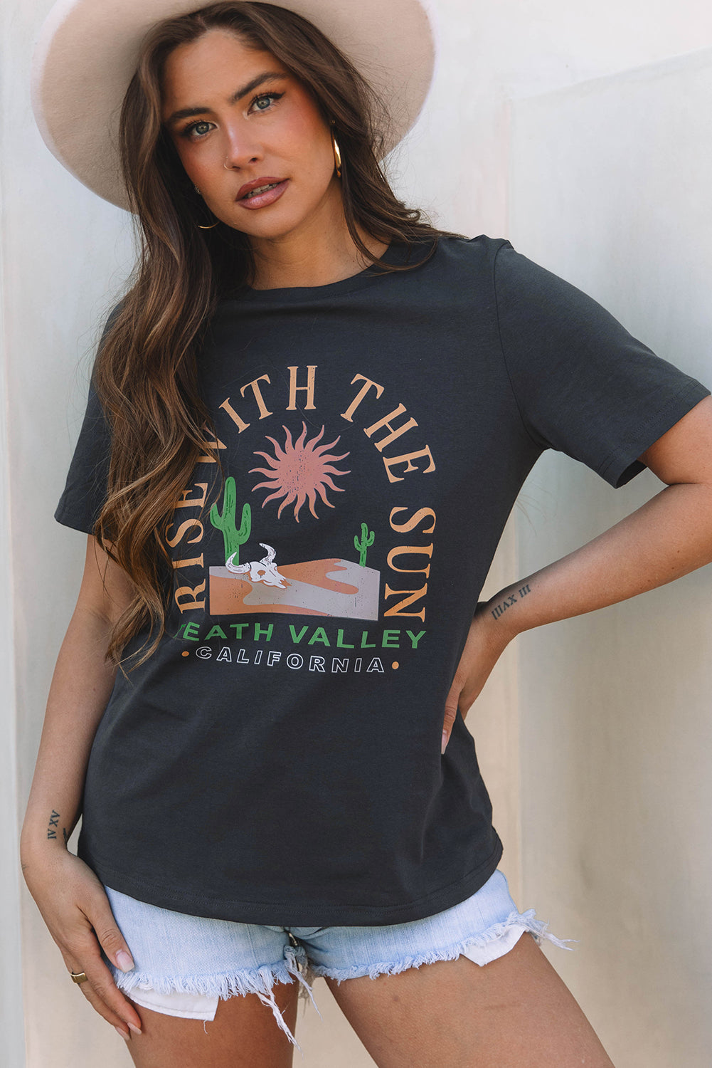 Dark Grey RISE WITH THE SUN Western Fashion Graphic Tee - Aaria Tees Aaria Tees