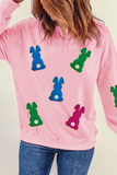 Pink Easter Bunny Chenille Patched Graphic Drop Shoulder Sweatshirt Aaria Tees