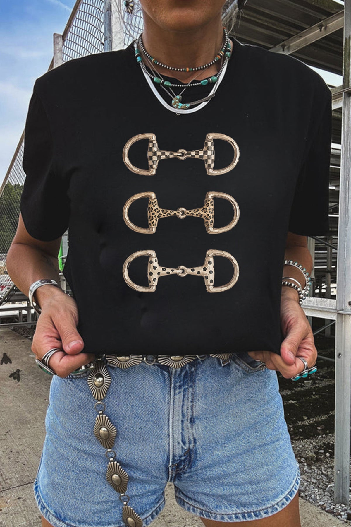 Black Western Horse Bit Printed Relaxed T Shirt - Aaria Tees