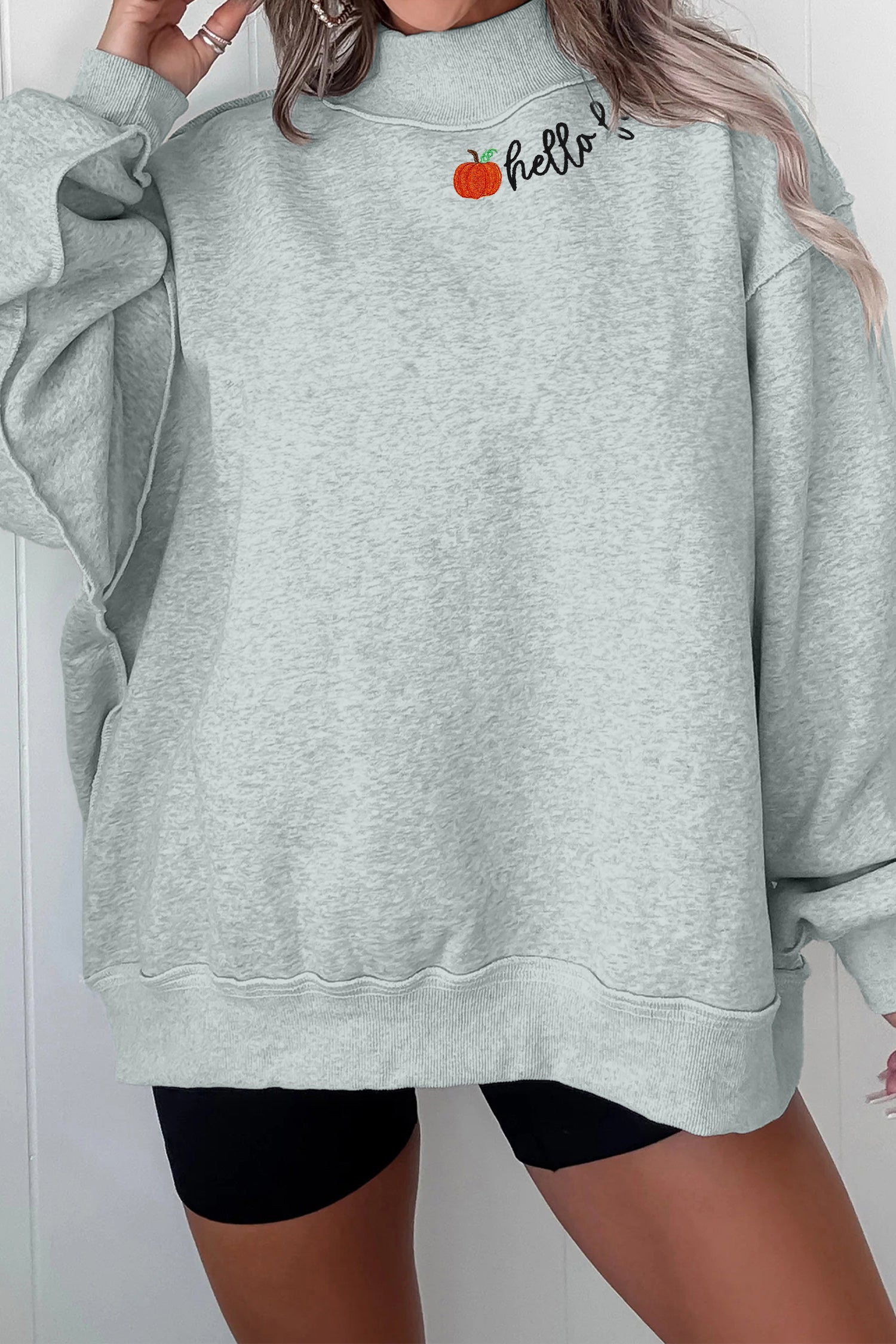 Gray hello fall Embroidered Pumpkin Detail Mock Neck Sweatshirt - Aaria Tees Aaria Tees