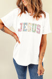 White JESUS Floral Pearl Printed Letter Graphic Tee Aaria Tees