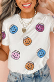 White Sequin Pumpkin Face Patched Crew Neck Holiday T Shirt Aaria Tees