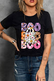 Black BOO Floral Ghost Print Crew Neck Halloween T Shirt - Aaria Tees Aaria Tees